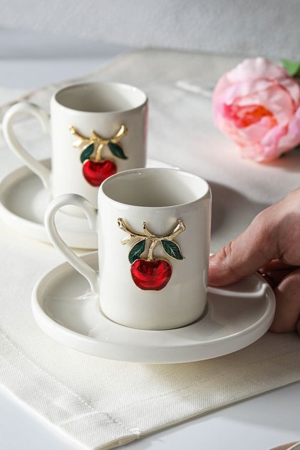 Cherry Figured 2-Piece Porcelain Coffee Cup Set 4 Pieces, 100ml