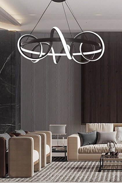 Spiral Halka Siyah Ledli Avize, Salon Avizesi, Modern Aydınlatma Avizesi, Tasarım Ledli Avize