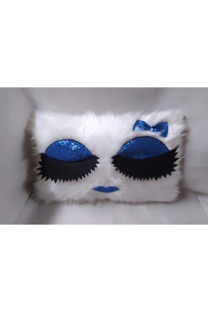 Plush Cushion Cover with Eyelashes - (White Plush-Blue Eyelash)