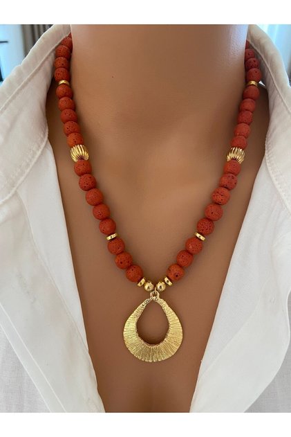 Natural Stone Orange Lava Stone and Gold Plated Special Design Women's Necklace Gift for Mother Lover