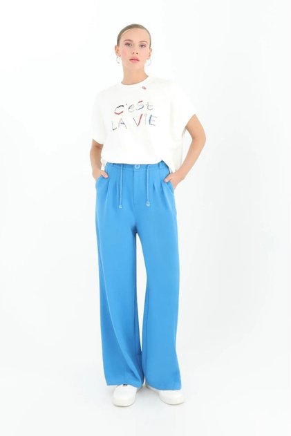 Pleated Waist and Elastic Back Wide Leg Palazzo Trousers 18165