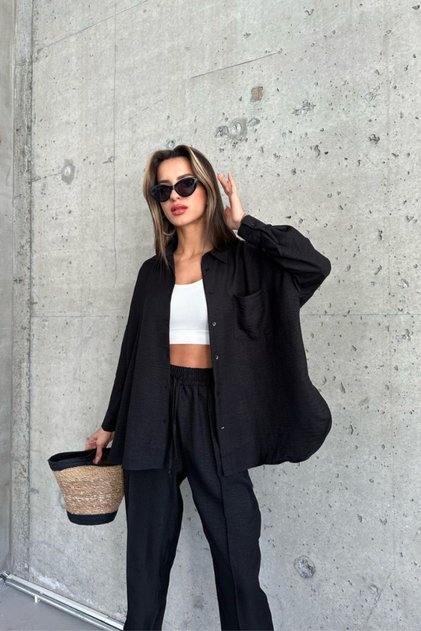 Kadın Bej Oversize Keten Gömlek Pantolon Alt-üst Takım