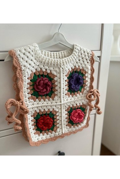 Rose Detailed Children's Sweater - Hand Knitted