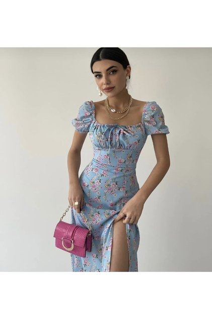 Blue Pink Floral Midi Slit Dress
