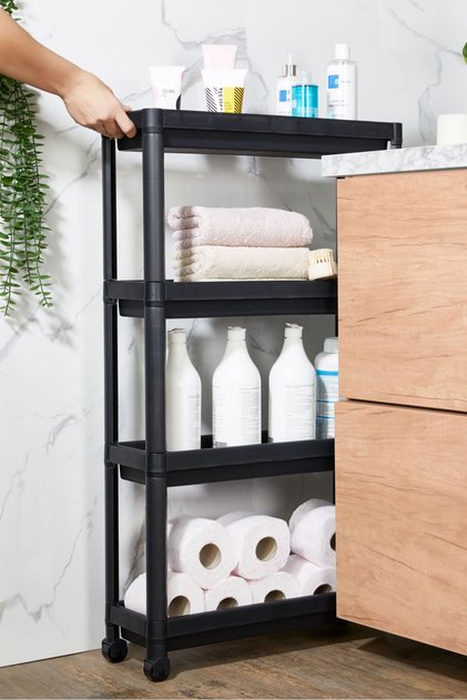 Tekerlekli Vesken Raf Ünitesi 4 Katlı Banyo Rafı Mutfak Rafı Servis Sehpası Organizer (SİYAH)
