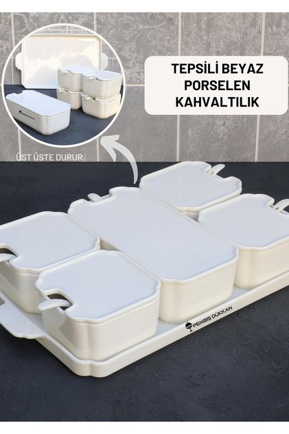 Porselen 5 Li Kapaklı Kaşıklı Kahvaltılık
