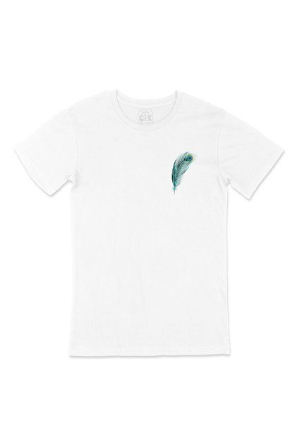 White T-Shirt with Peacock Feather Pocket Logo Design