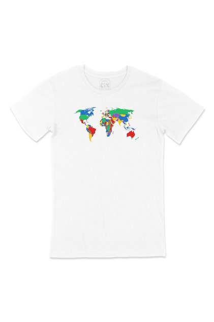 White T-Shirt with Colorful World Map Pocket Logo Design