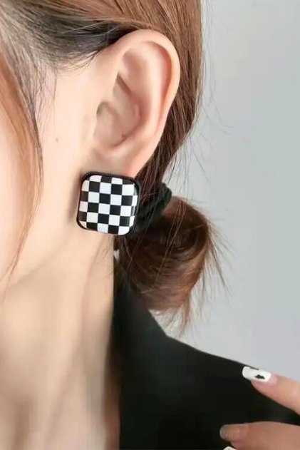 Checkered Leather Design Earrings 2.3 cm.