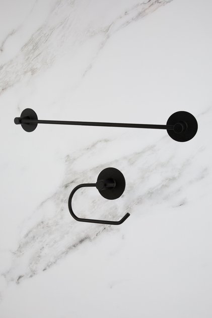 Black Round Adhesive Long Towel Holder Open Toilet Roll Holder Set of 2 Bathroom Accessories