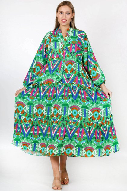 Green Ruffle Collar Balloon Sleeve Geometric Patterned Allover Printed Wide Cut Woven Dress