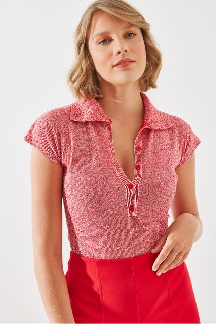 Women's Red Ecru Bodysuit with Snap Buttons on the Bottom 20246105