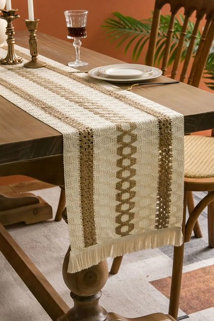 Cotton Lace Runner 35X145 cm Tablecloth Light Brown, Cream