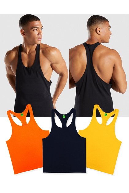 Gym Fitness Tank Top Sporcu Atleti 3lü Set Sarı Siyah Turuncu