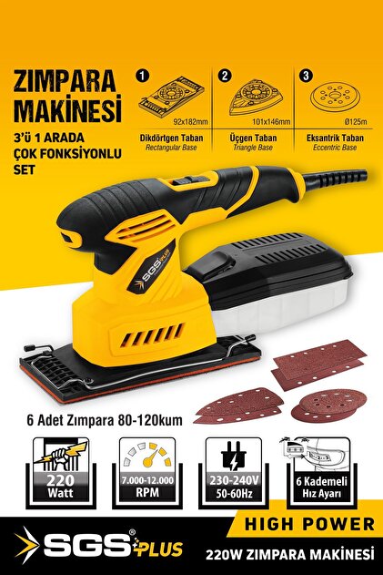 SGS PLUS Sgs5250 Profesyonel Titreşim Zımpara Makinası (3 IN 1