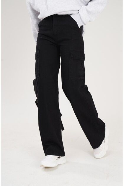 Siyah Kargo Cepli Gabardin Pantolon Black Kargocep Yüksek Bel Wide Leg Palazzo Trend Okul I
