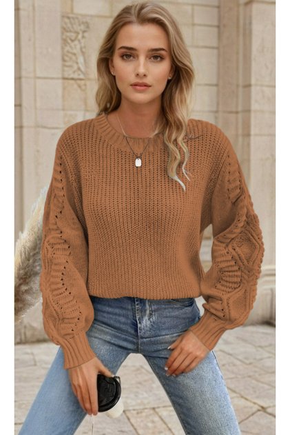 Women's Balloon Sleeve Patterned Knitwear Knitted Camel Sweater