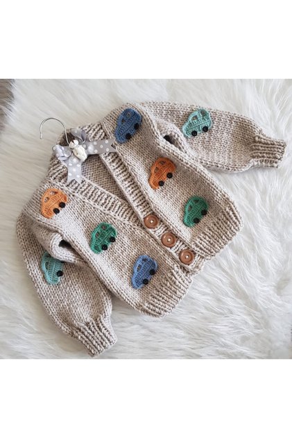 Hand Knitted Car-Themed Baby Kids Cardigan