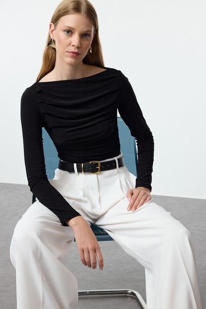 Black Boat Neck Draped Bodycon Stretch Knitted Blouse Twoaw25Bz00109