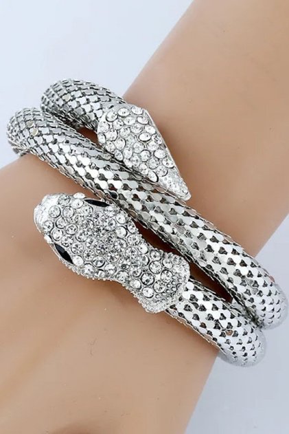Taşlı Yılan Detaylı Sarmal Bileklik Silver