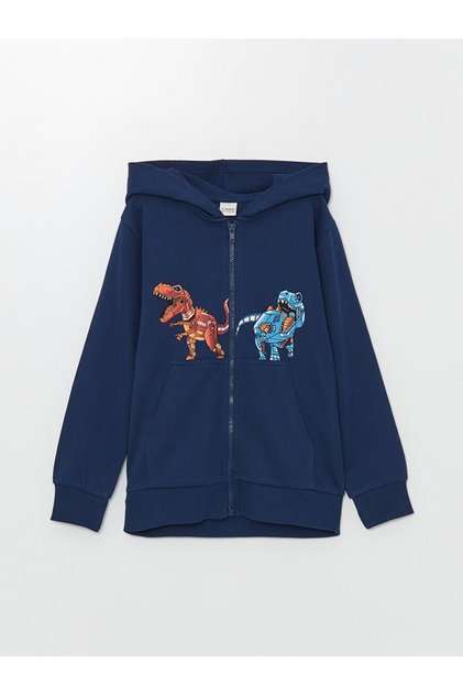 Wide Fit Printed Hooded Boys' Zippered Sweatshirt