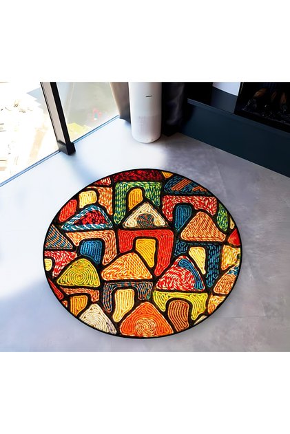 Multicolored Geometric Shaped Houses Patterned Round Woven Base Modern Decorative Carpet 6187