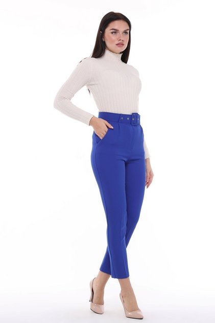 Pantaloni de damă Cedy cu talie înaltă, plisați, lungime până la gleznă, C3008 Sax Blue