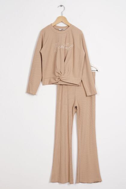 Crew Neck Long Sleeve Printed Beige Color Girls' Pants Set
