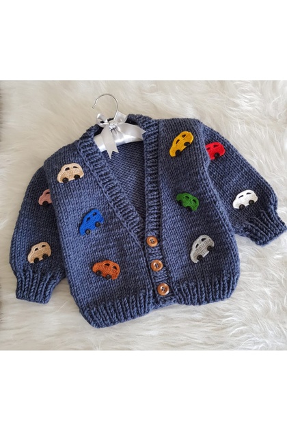 Hand Knitted Car-Themed Baby Kids Cardigan