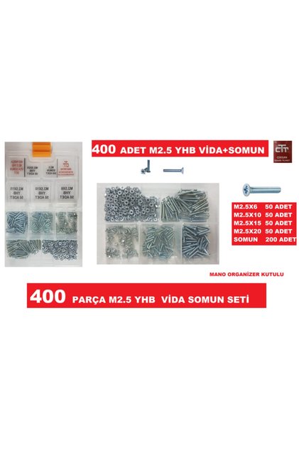 M2.5 Vida-somun Seti Yhb 400 Parça M2.5 Vida Boylar 6-10-15-20mm-metrik 2.5 Havşa Vida Set