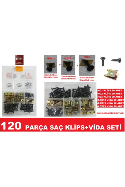 Sac Klips U Tip Sac Somun Vida Seti 120 Parça-kaporta Tamir Pullu Baş Siyah Vida Klips Somun Seti