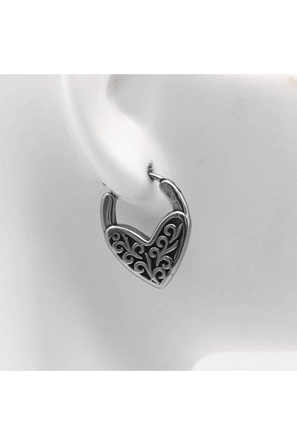 Vintage Floral Embroidered Heart Design Boutique Hoop Tarnish-Free & Rust-Proof 316L Steel Earrings