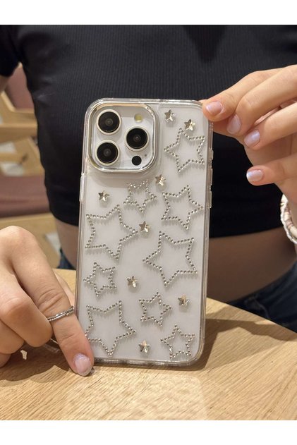 iPhone 15 Promax Uyumlu Gümüş Yıldızlı Şeffaf Kılıf