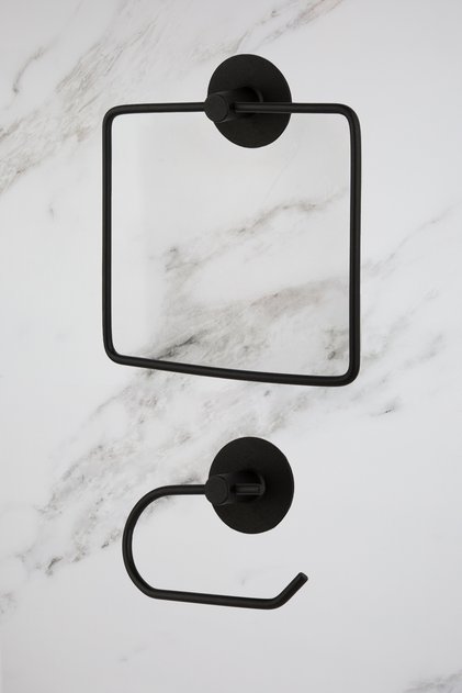 Set of 2 Bathroom Accessories - Black Round Square Towel Holder and Adhesive Toilet Roll Holder