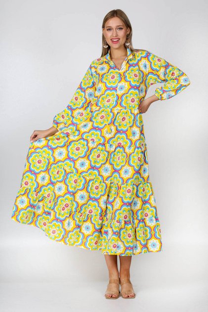 Yellow Full Collar Balloon Sleeve Floral Allover Printed Wide Cut Woven Dress