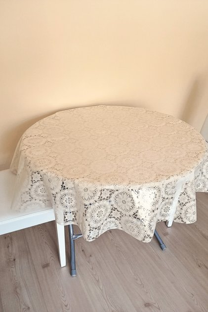 Transparent Oil Canvas Finish Lace Look Round Table Cover -137 cm Diameter -Cream Color-Flowers
