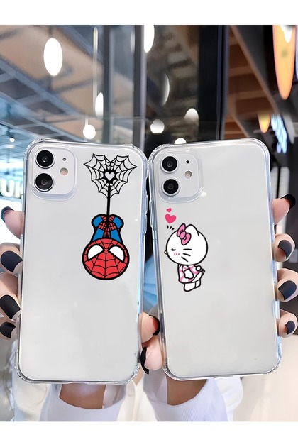Poycase Kitty Ve Spider Tasarımlı Yüksek Kalite Şeffaf Çift Couple Telefon Kılıfı