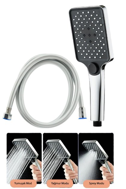 Aqua Kare 3 Fonksiyonlu Duş Başlığı ve Pvc Duş Hortumu Duş Seti