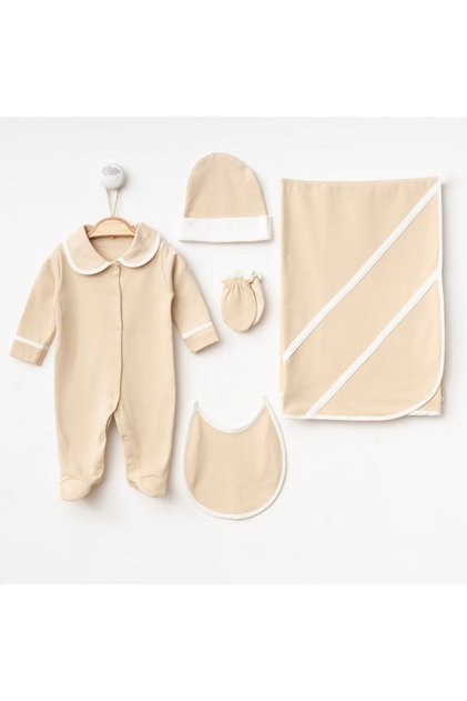 Newborn Baby Boy Cotton Ribbed Baby Collar Rompers Set 5 Pcs Hospital Release Milk Coffee