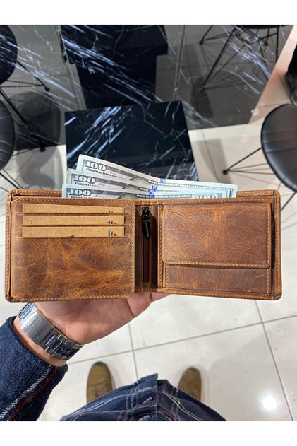 Genuine Leather Men's Wallet with Coin Compartment and Special Compartment Hazelnut Color 2016