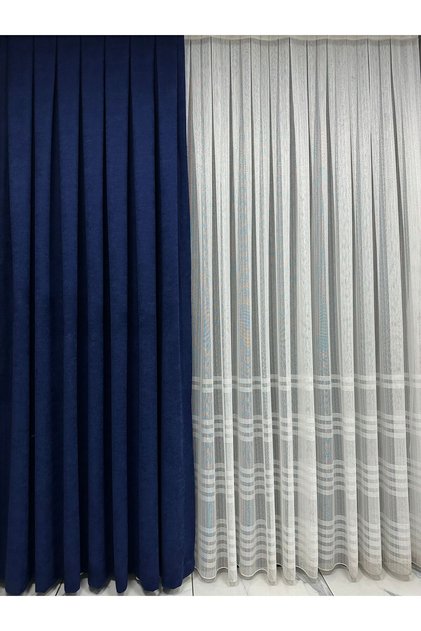 Rustic Hooked Parliament Blue Background Curtain Honeycomb Velvet 1/3 Dense Pleated Island Background Curtain