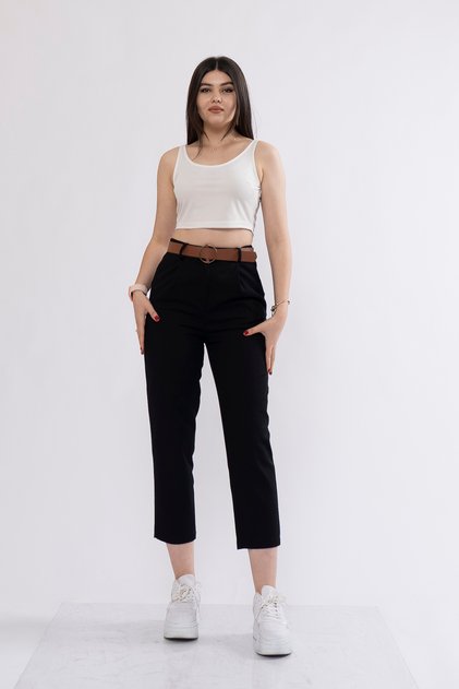 Kadın Yazlık Siyah Yüksek Bel Kemerli Gabardin Kot Kumaş Kalem Denim Pantolon Rahat Günlük Ofis Şık 3880