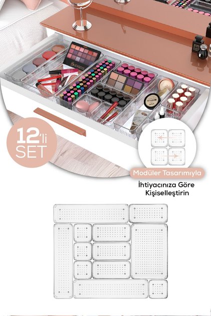 12'li Şeffaf Çekmece Içi Düzenleyici Organizer 3x(D.DKDRTGN) 4x(K.DKDRGN,K.KARE) 1x(O.DKDRGN)
