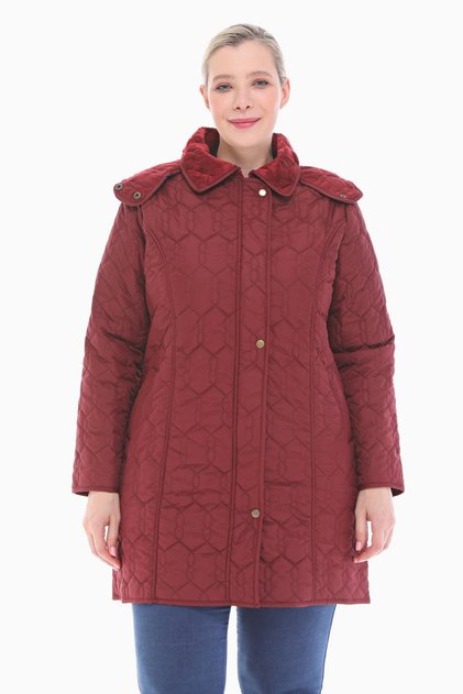 Women's Plus Size Hooded 95 cm Burgundy Quilted Coat 1016