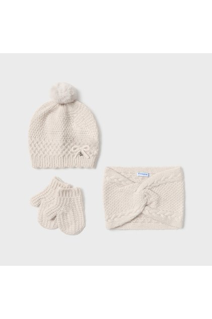 Kız Bebek Ponponlu Atkı Bere Eldiven Takım Bej L25K10769