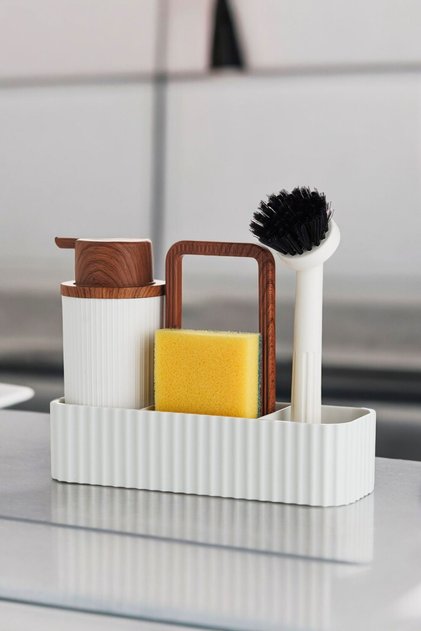 Oval Bowl Liquid Soap Dispenser Sponge Holder Dish Brush Set