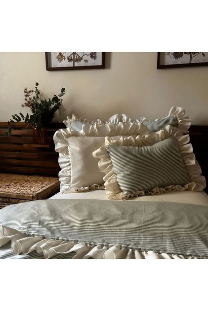 Nature Village Yarn-Dyed Natural Cotton Ruffled Single Duvet Cover Set 4 Pieces