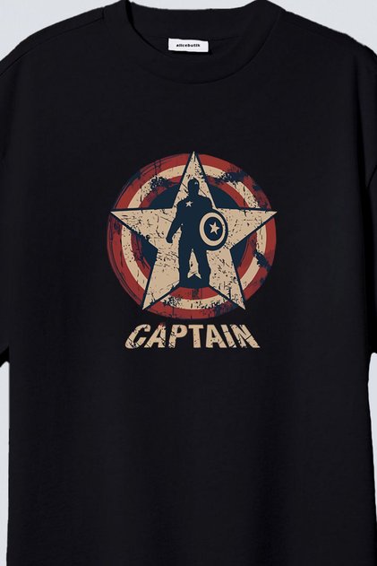 Captain America Marvel Large Printed Oversize Unisex Black T-Shirt
