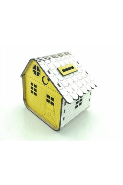 Yellow Mini Size Wooden House Piggy Bank