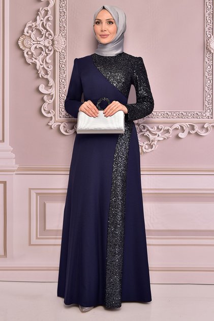 Navy Blue Hijab Evening Dress - Sequin Detailed, Fashion Clothing 2524